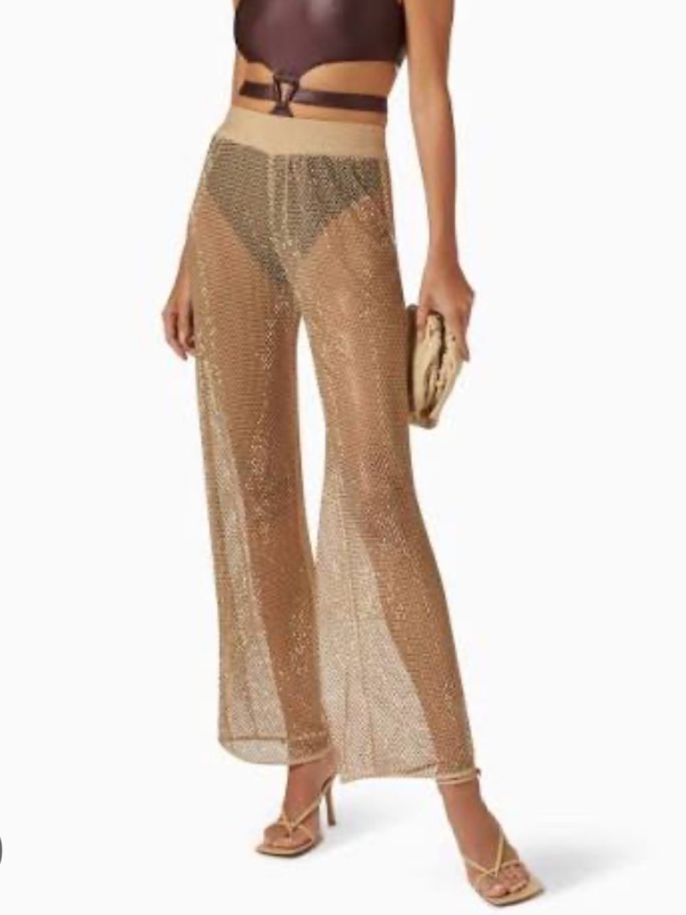Jonathan Simkhai Gold Crystal Mesh Wide-Leg Pants